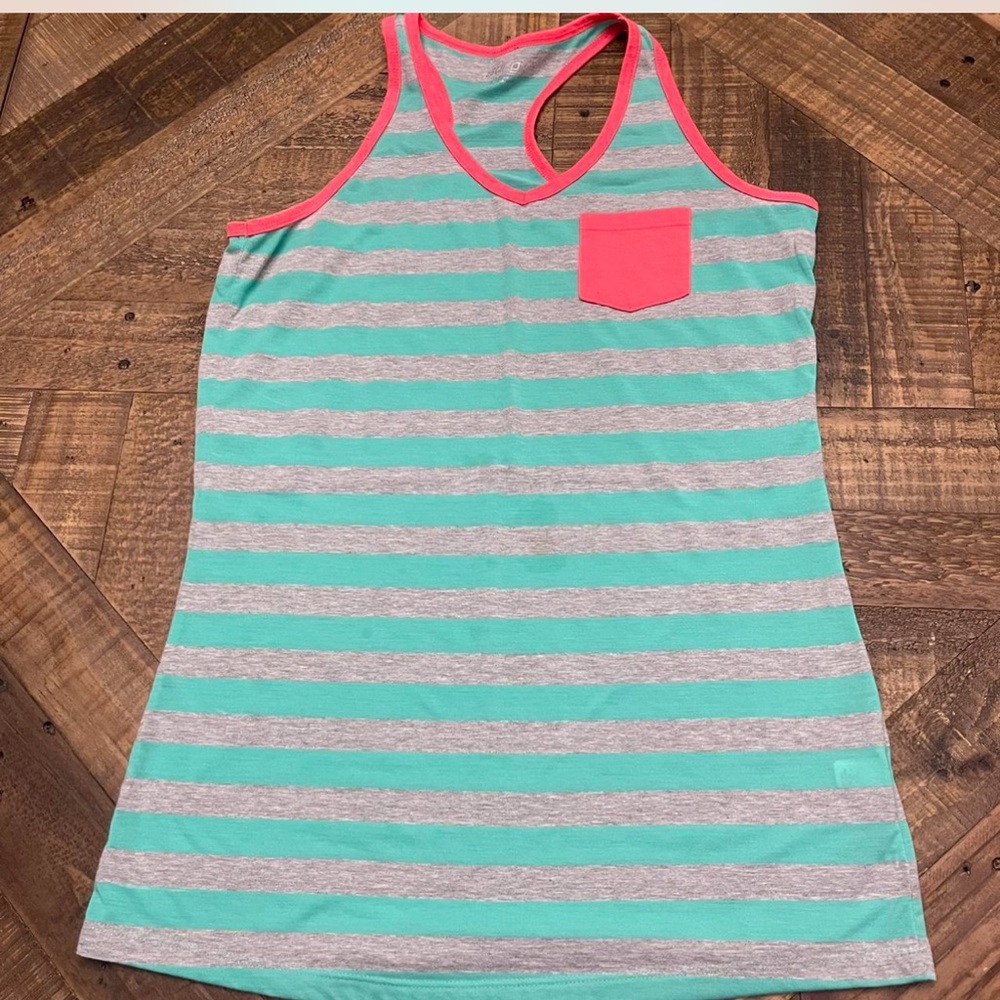 BCG Mint and Gray Striped Tank Top with Pink Accent